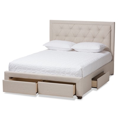 Luxurious King-Sized Light Beige Upholstered Bed with Tufted Headboard and Storage Drawers