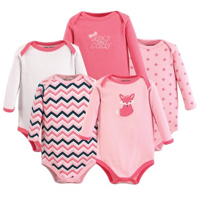 Luvable Friends Baby Girl Cotton Long-Sleeve Bodysuits 5pk, Foxy, 0-3 Months