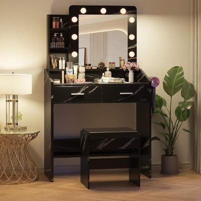 Makeup Table with Mirror and Lights, Makeup Vanity with Drawers, Open Shelves, Charging Station & Cushioned Stool