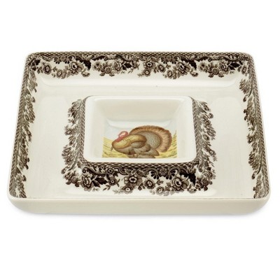 Spode Woodland 12" Square Chip and Dip - Turkey Centerpiece Serving Dish, Fine Porcelain Holiday Serveware - Dishwasher, Microwave Safe