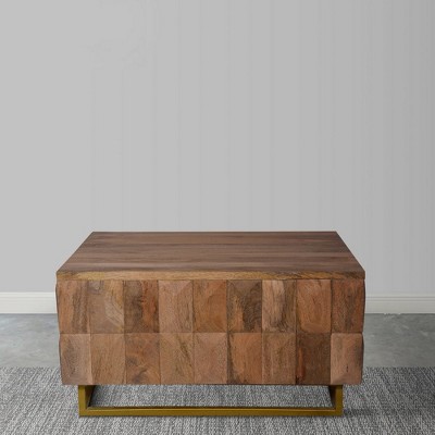 Top-down view of a square block wood coffee table with brass base