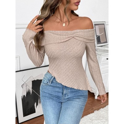 Womes Top Knit Long Sleeve Boat Neck Asymmetric Hem T Shirt Blouse