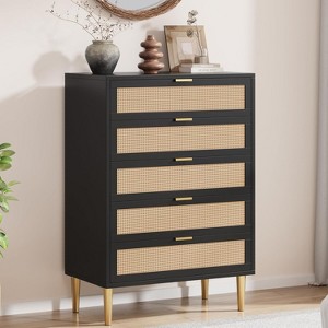 Rattan 5 Drawer Dresser,Narrow Chest of Drawer, Farmhouse Vertical Dresser with Metal Legs, Modern Cabinet for Bedroom, Living Room - 1 of 4