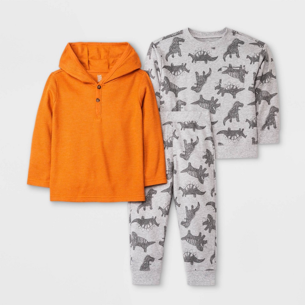 Toddler Boys' 3pc Dinosaurs Pullover Top & Jogger Pants Set - Just One You made by carter's Gray/Orange 3T