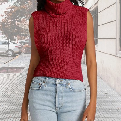 Women's Turtleneck Sleeveless Pullover Sweater Knit Tank Tops,Red - XL