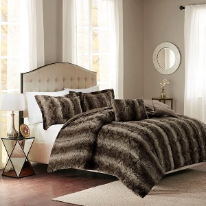 Sapphtopaz Bedding Comforter Set Soft Faux Fur Quilting Gradient Color Stripes Print 4 Piece Quilt Set with Pillow and Shams - 1 of 4