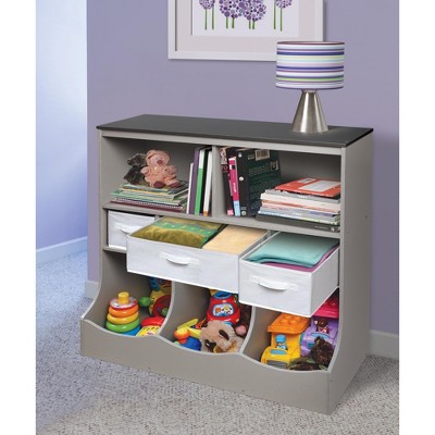 Versatile Gray Woodgrain Storage Unit with Baskets for Kids