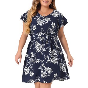 Agnes Orinda Women's Plus Size V Neck Floral Tie Waist Mini Dressy A Line Dresses - 1 of 4