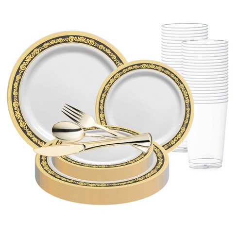 Smarty Had A Party White with Black and Gold Royal Rim Plastic Wedding Value Set (60 Settings) - image 1 of 1