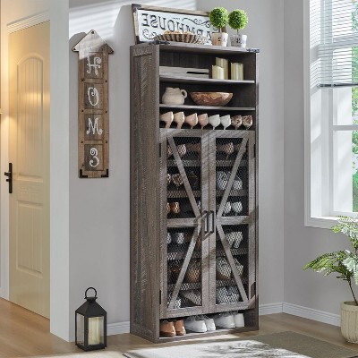 SinCiDo Farmhouse Shoe Cabinet for Family, Large Capacity for 30 shoes, Tall Rustic Freestanding Shoe Racks, Wood Shoe Organizer Cabinet, Gray