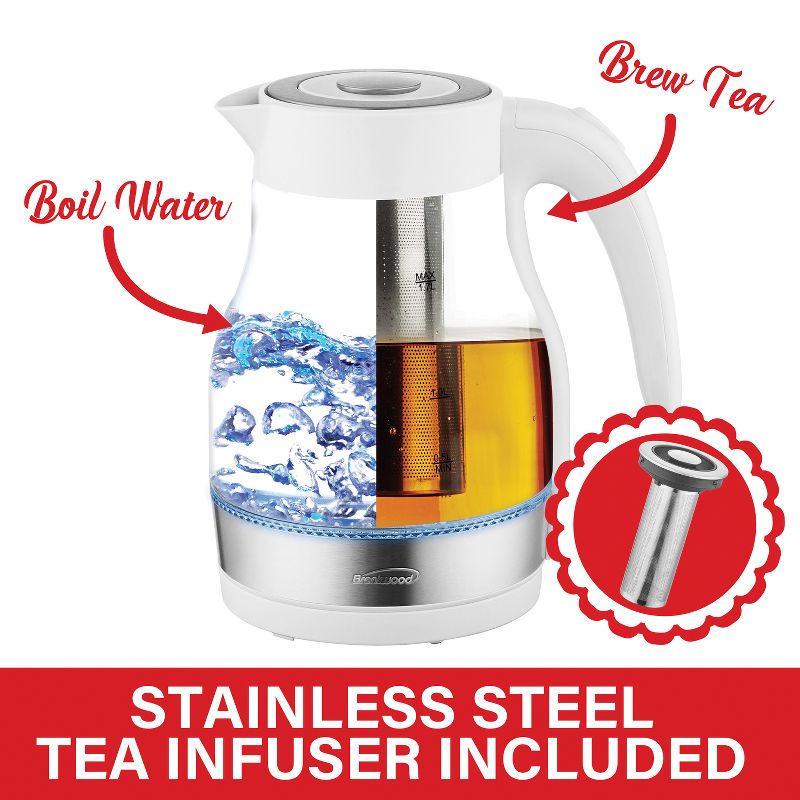Brentwood 1.79-Qt. 1,100-Watt Cordless Glass Electric Kettle with Tea Infuser and Swivel Base, 4 of 10
