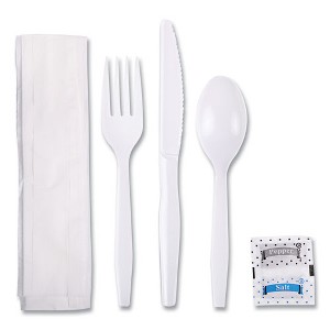 Boardwalk Six-Piece Cutlery Kit - Condiment/Fork/Knife/Napkin/Teaspoon - White - 250 kits - 1 of 4