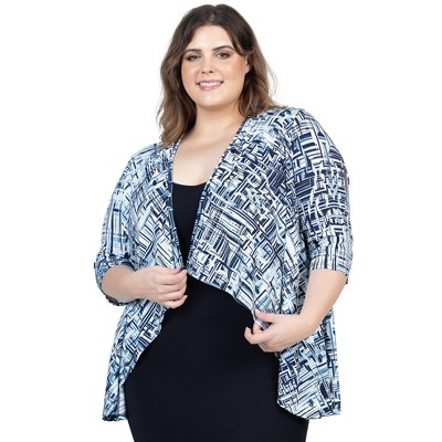 24seven Comfort Apparel Navy Print Plus Size Elbow Length Sleeve Open Cardigan