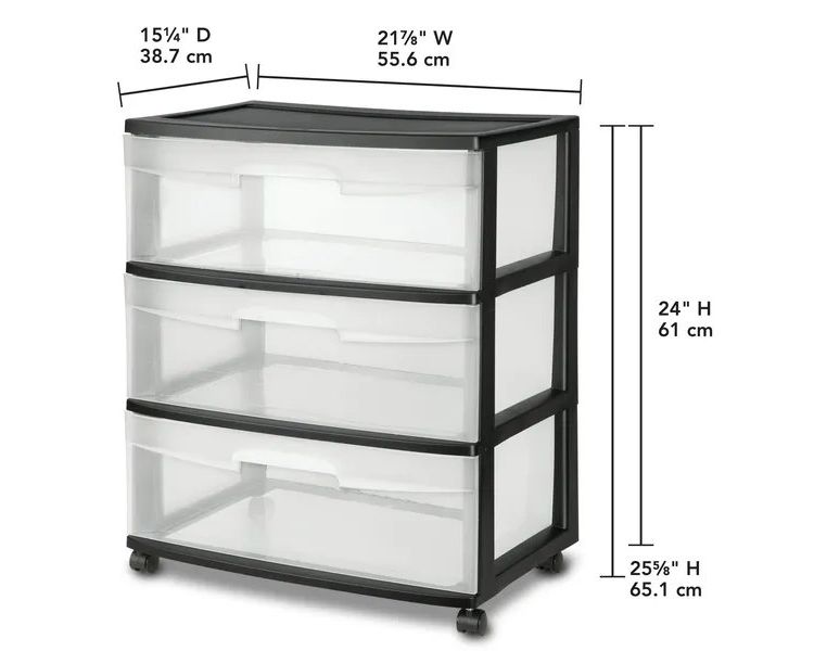 3 Drawer Wide Plastic Storage Cart with Clear Pull Out Drawers, Black, 2 of 2