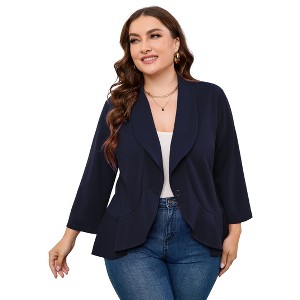 Women's Ruffled Hem Blazer Cardigan, Single-Button Lapel Jacket with 3/4 Sleeves for Casual & Office Wear - 1 of 4