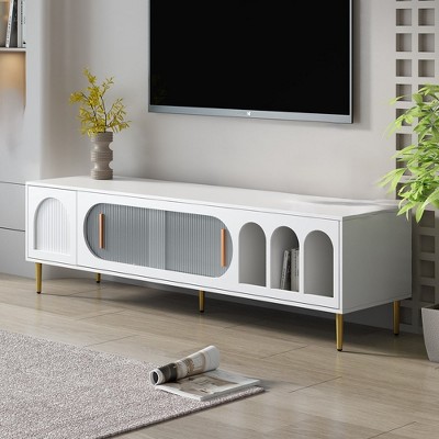 TV Stand Entertainment Center TV Storage Cabinet With 3 Storage Shelves 2 Cabinets Transparent Acrylic Door Media Console Table For Living Room