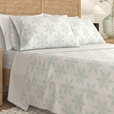 Queen White Snowflake Cotton Flannel Sheet Set