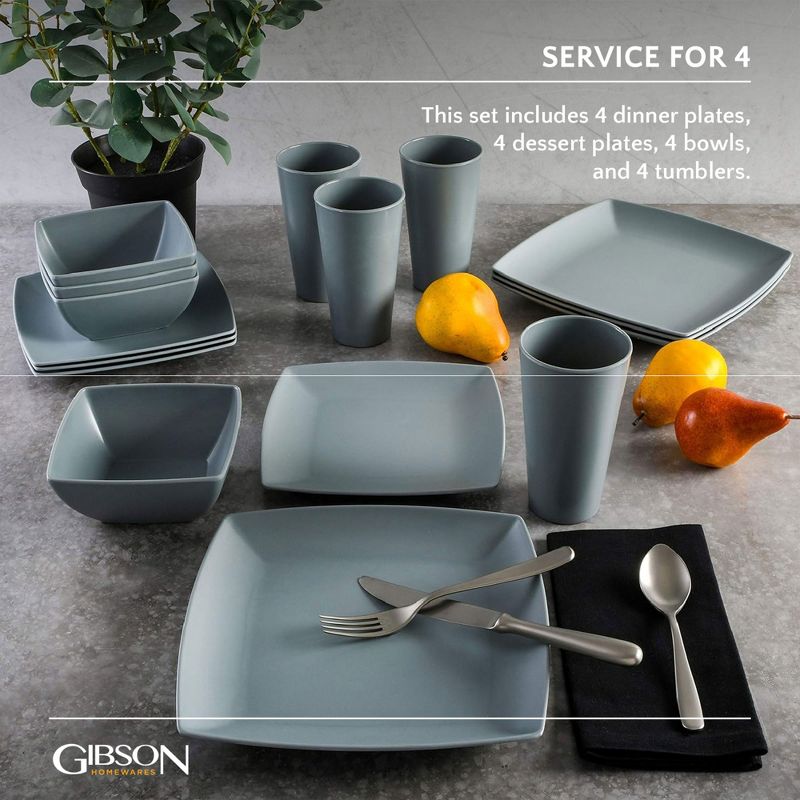 Gibson 99897.16R Home Soho Grayson Square Melamine Everyday 16 Piece Reactive Glaze Dinnerware Set Plates, Bowls, and Cups, Dishwasher Safe, Grey, 3 of 7