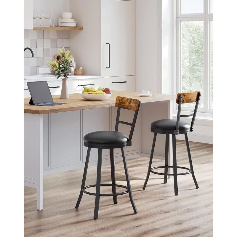 VASAGLE Swivel Bar Stools Counter Height, 25.8 Inch Barstools Chairs with Backs, Industrial Steel Frame, Black and Rustic Brown, 4 of 6