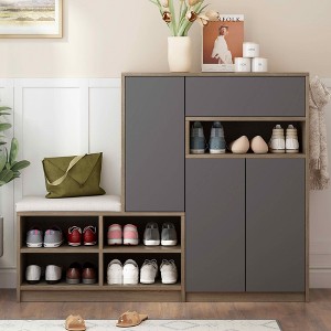 MAYEERTY 2-in-1 Shoe Storage Bench & Cabinet, Padded Seat Adjustable Shelves Multi-functional Organizer, Grey - 1 of 4