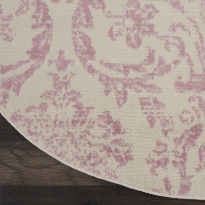 Jubilant Ivory and Pink Round Synthetic Area Rug, 5'3"