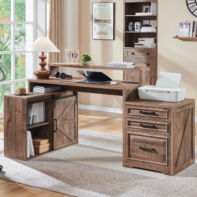 SinCiDo L-Shaped 67" Desk,Farmhouse Computer Desk w/ Charging Station & Filing Cabinets A4/ Letter /F4/ Law,Double-Layer Storage Cabinet,Writing Desk