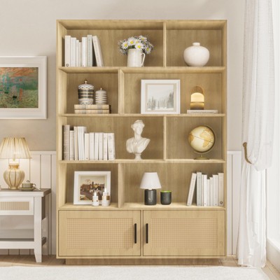 5 Tier Bookshelf, Boho Bookcase with Rattan Doors, Wooden Bookcase and Bookshelf with Storage