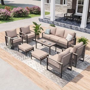 Sonkuki Outdoor Furniture Set Patio Conversation Sofa with Coffee Table Set, All-Weather PE Rattan Couch with Cushion - 1 of 4