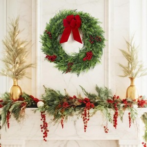 24 Inch Large Outdoor Christmas Wreaths with Berries & Ribbon Bow, Artifcial Winter Cypress Wreath for Indoor Outside Fireplace Window Decor - 1 of 4