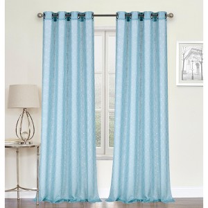 Kate Aurora 2 Piece Silver Sparkly Semi Sheer Trellis Quatrefoil Grommet Top Window Curtain Panels - 84 in. Long - 1 of 4