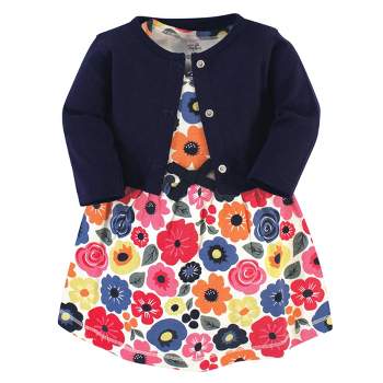 Touched by Nature Baby and Toddler Girl Organic Cotton Dress and Cardigan 2pc Set, Bright Flower
