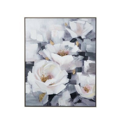 32.5"x40" Blooming White Florals Hand Painted Champagne Framed Wall Art Blue - A&B Home: Deco Style, Vertical Orientation