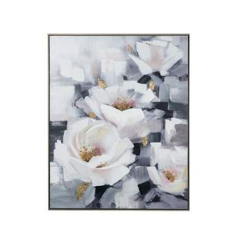 32.5"x40" Blooming White Florals Hand Painted Champagne Framed Wall Art Blue - A&B Home