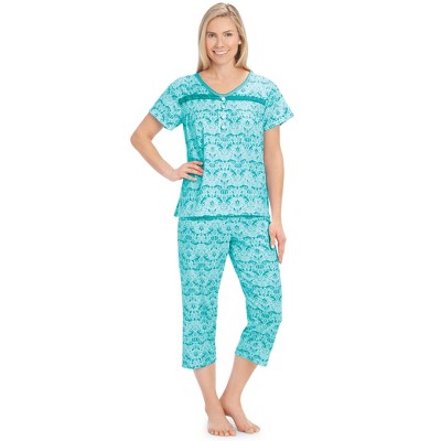 Collections Etc V-Neck Lace Trim Floral Pattern 2-Piece Capri Pajama Set