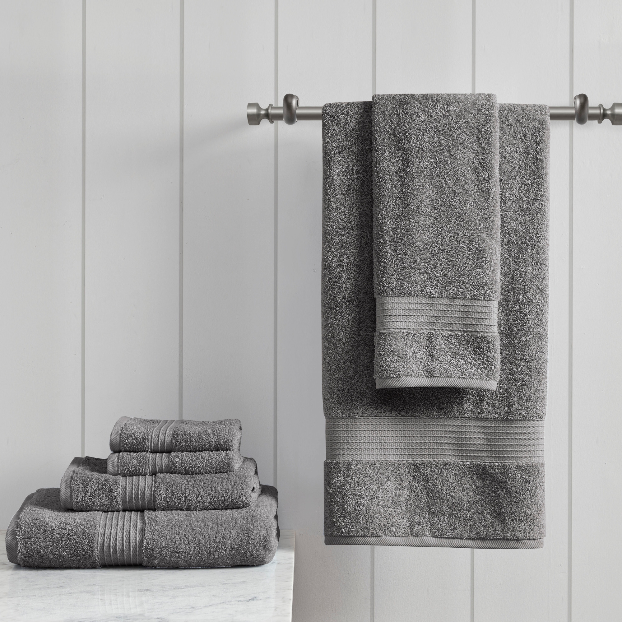 6Pcs 100% Organic Cotton Solid Color Bath Towel Set, Heavy Weight Ultra Soft and Absorbent Bath Towel, Charcoal, 6-Piece