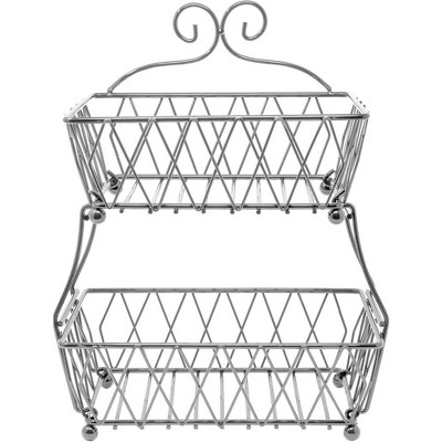 Silver 2-Tier Rectangular Metal Fruit Basket Stand