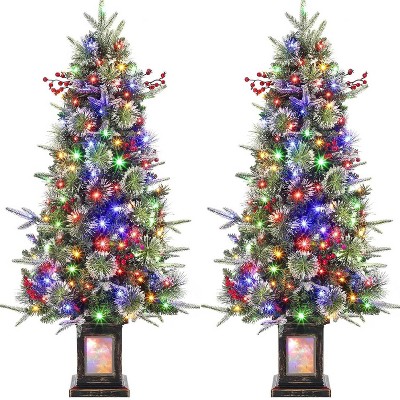 Clearance! 3 FT Artificial Pre-Lit Christmas Tree with Deer Lightbox, Vintage Potted Base, Snow Flocked, Easy Setup