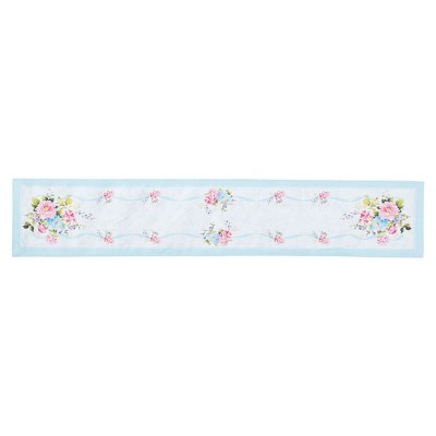 Blue and White Floral Polyester Table Runner, 13x70