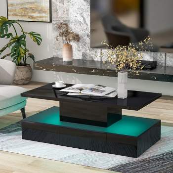 Modern Glossy Coffee Table With Drawers With Plug-In 16 Colors Living Room LED Lighting - ModernLuxe