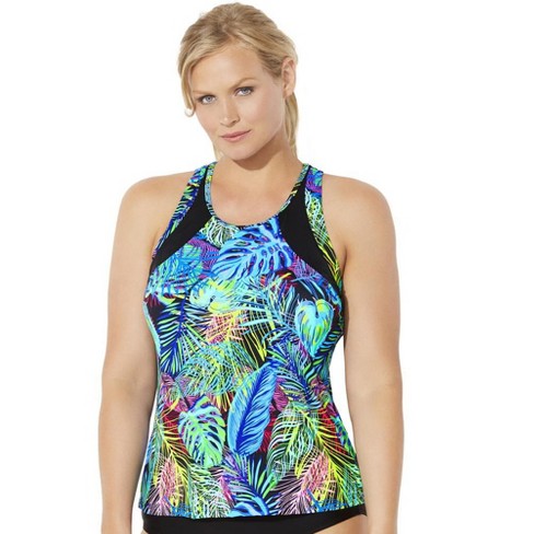 Swimsuits for All Women's Plus Size Bow Handkerchief Halter Tankini Top, 12  - Neon Tropical