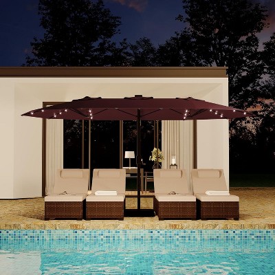 15FT Rectangular Patio Umbrella with Base, Solar Lights & Crank Handle, UV Protective Canopy for Outdoor Dining, Poolside