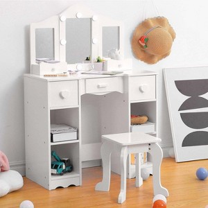 Kids Vanity Table and Chair Set, Girls Vanity with Tri-Folding Mirror, Light, Stool & Drawer, 2 in 1 Wooden Princess Makeup Desk - 1 of 4