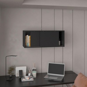 INFURNIC Decorative Wall Shelf Wall Cabinet with Sliding Doors Spacious Storage for Books and Essentials Modern Design, Black, 13"*32"*13" - 1 of 4