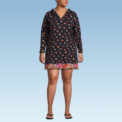Lands' End Women's Cotton Jersey Long Sleeve Hooded Swim Cover-up Dress