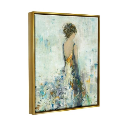 Gold Framed Abstract Woman in Floral Dress Canvas Print