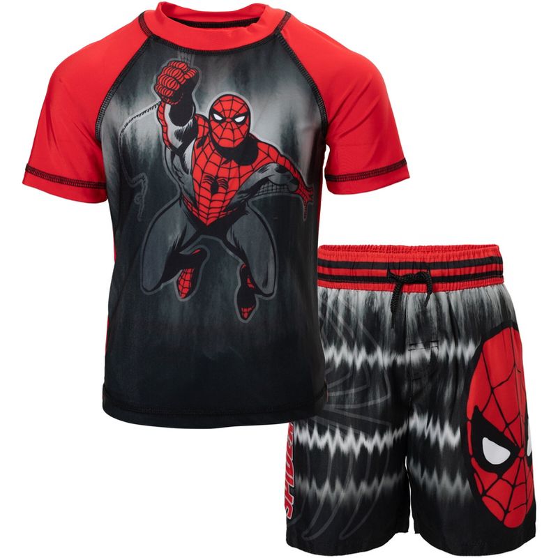 Marvel Avengers Spider-Man Captain America Hulk Iron Man Pullover Rash Guard & Swim Trunks Outfit Set Toddler to Big Kid, 1 of 9