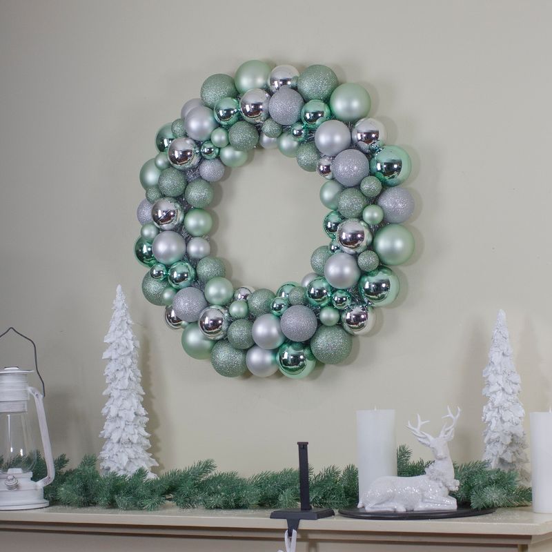 Northlight Silver and Seafoam Green 3-Finish Shatterproof Ball Christmas Wreath - 24-Inch, Unlit, 3 of 5