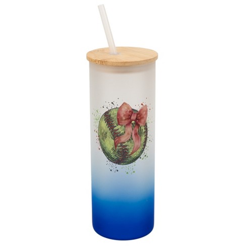 Elanze Designs 25 Ounce Frosted Glass Gradient Travel Tumbler With Straw and Wooden Lid, Softball With Pink Bow Navy Blue - image 1 of 1