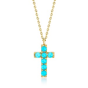 Pure Collection by Ross-Simons 2mm Turquoise Cross Pendant Necklace in 14kt Yellow Gold Size 16 - 1 of 3