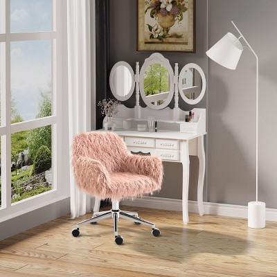 Vynxaria Faux Fur Desk Chair, Swivel Vanity Chair with Adjustable Height and Wheels for Office, Bedroom, Pink